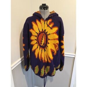 CCH Ecuadorian 100% Wool Hooded Sweater XL Full Zip Chunky Cable Knit Sunflower
